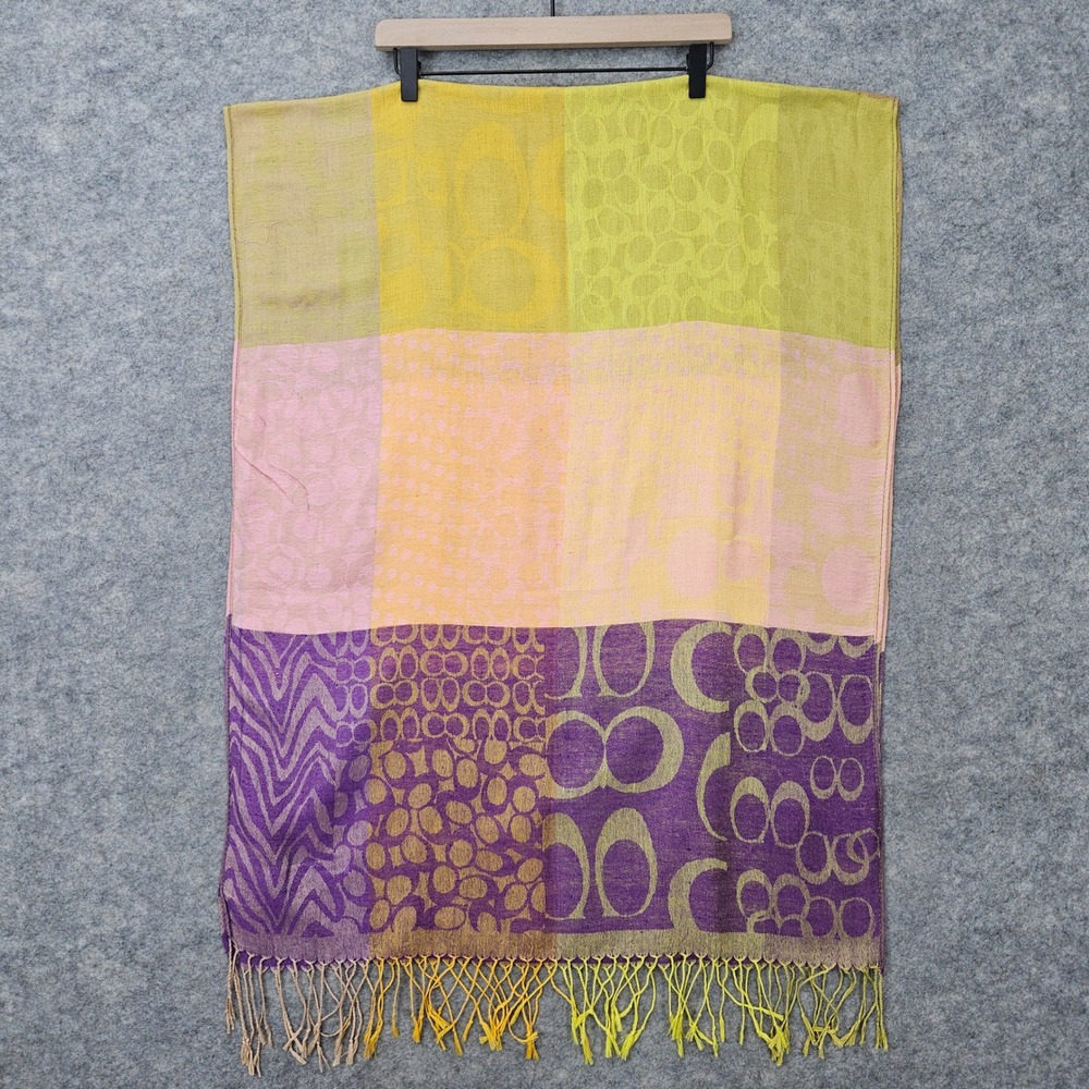 Coach Women's Multicolor Pashmina‎ Scarf OS Colorblock Geometric Fringe Boho